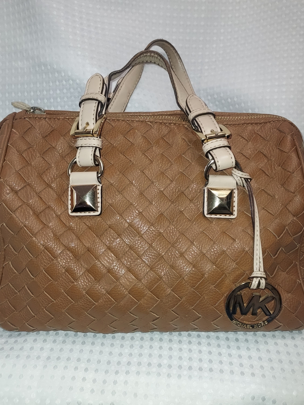 Michael Kors Woven Leather Satchel in Tan with Cream Handles